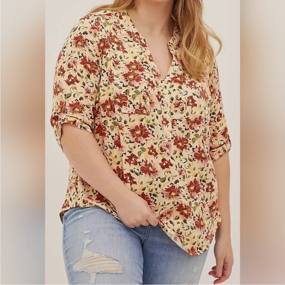 torrid Tops - Torrid Harper‎ Floral Blouse 4 4X Yellow Cream Pink 3/4 Sleeve V Neck